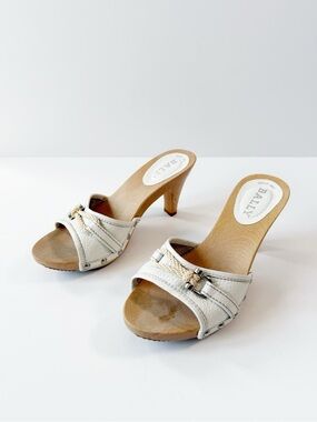 Bally Women White Leather Strap Wooden Clog Heel Sandal EU36 Y2K Luxury Coquette